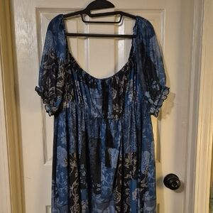 Blue and Black Floral Patchwork Babydoll Dress